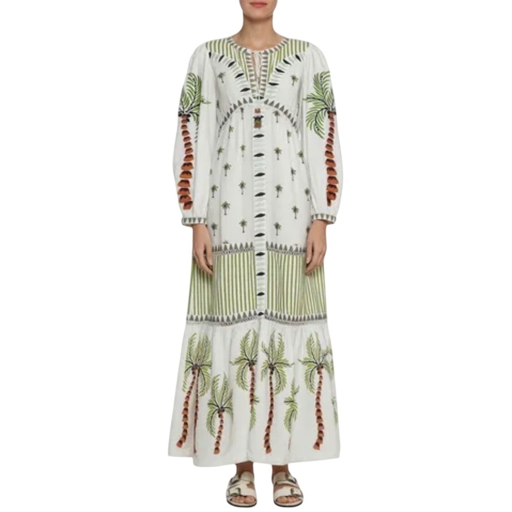 Farm Rio Milian Branco Farm Palm Tree Embroidered Maxi Dress Boho Women's Large - Picture 1 of 16